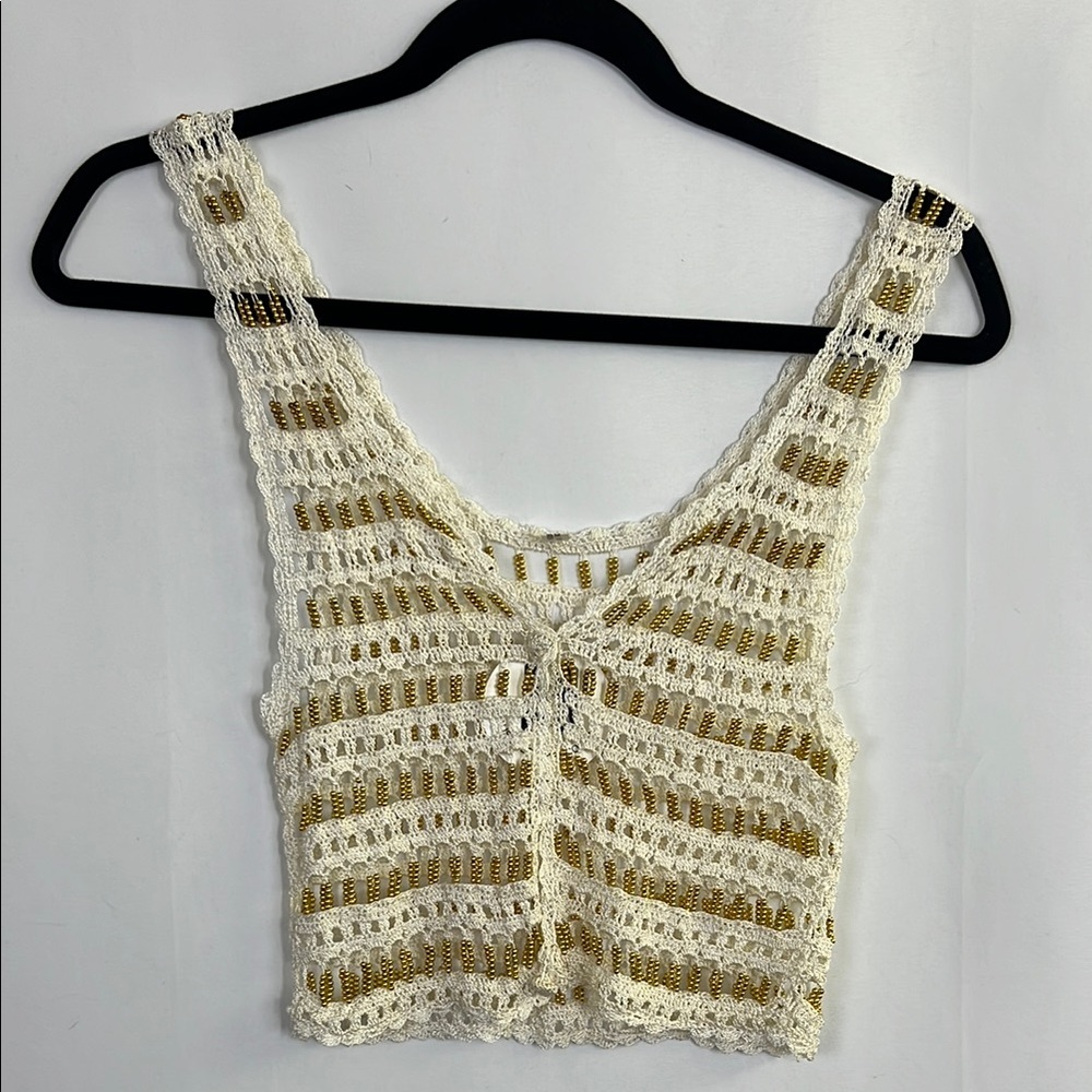 Elegant Cream and Gold Crochet Tank Top beaded VEST